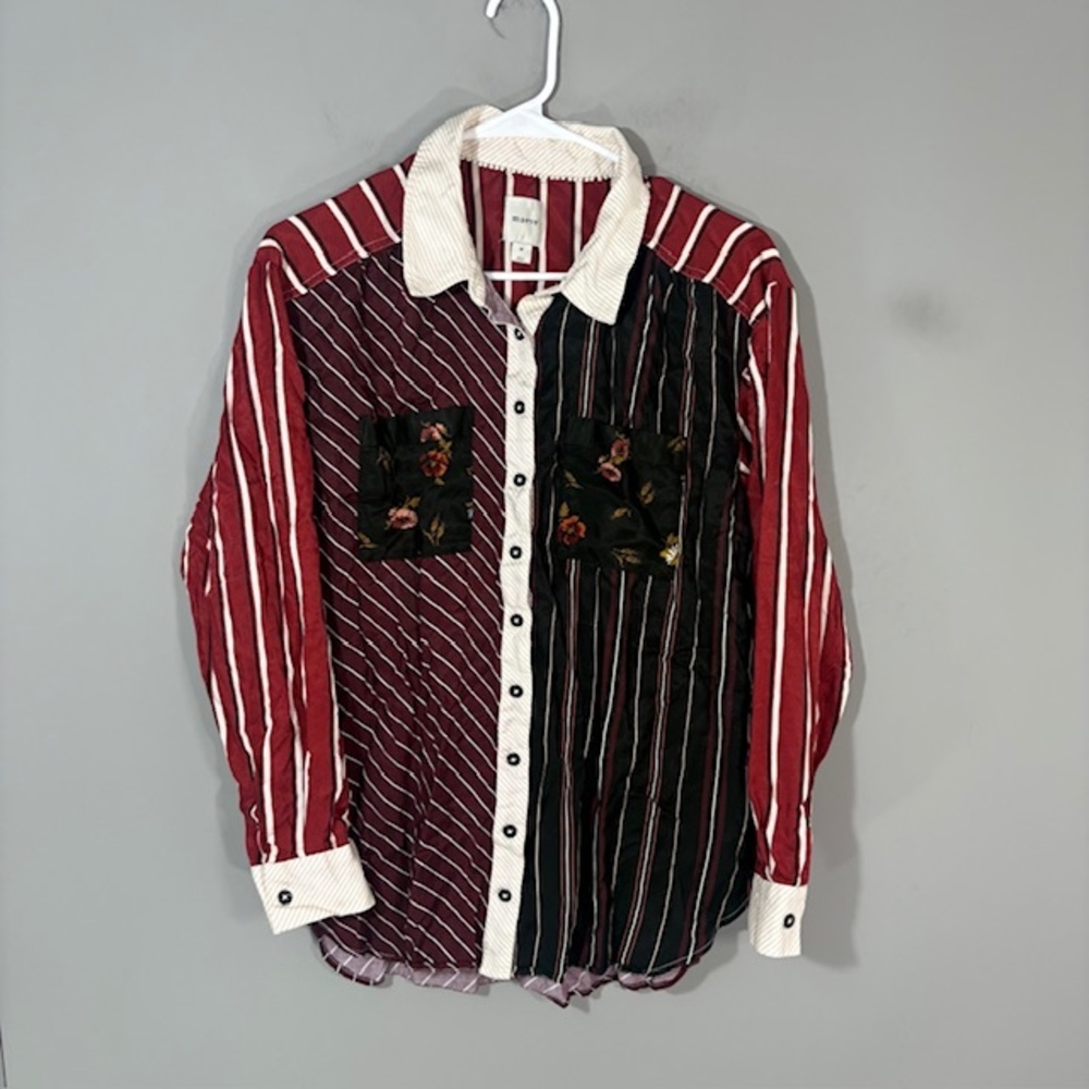 Maeve Shirt Womens M Multicolor Stripe Floral Pocket Button Up Casual Blouse